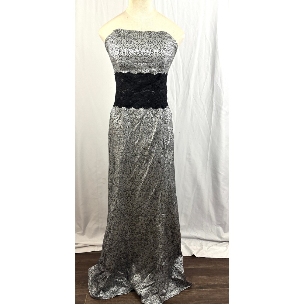 Steppin Out Strapless Silver Black‎ Lace Formal Gown Maxi Prom Dress 11/12